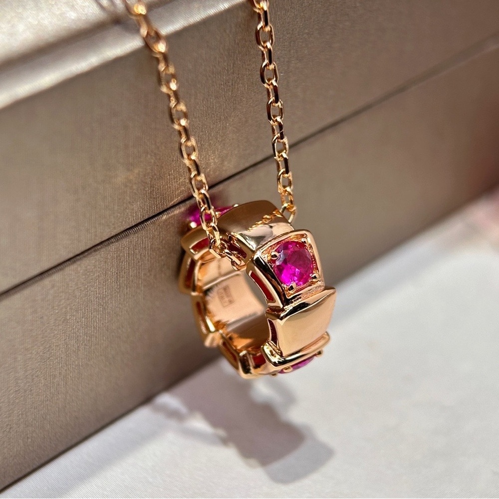 Bulgari Rose Gold Necklace with Red Pendant and Chain Detail - Picture 2 of 8